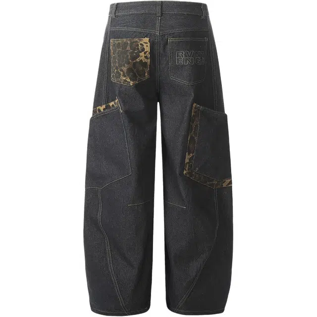 木清清 美式高街豹纹拼接大口袋宽松阔腿裤牛仔裤 女款