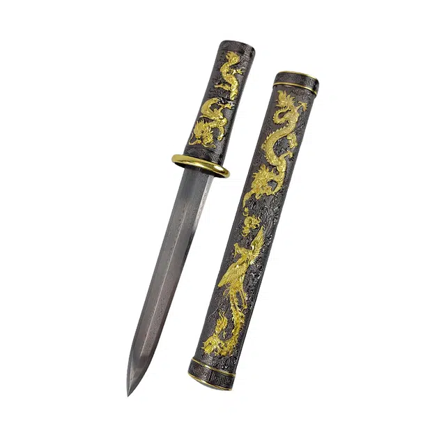 天子剑 龙凤呈祥短剑 百炼花纹钢刃 锌合金外鞘 装饰手柄小刀剑 兵器未开刃 其他静态模型