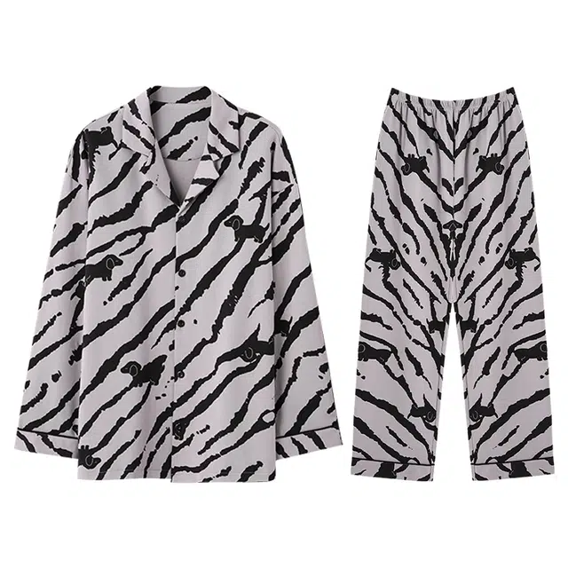 兰缪  男士春夏秋季纯棉长袖长裤男生简约翻领开衫大码家居服 睡衣套装 男款