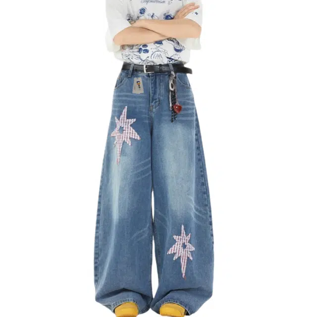 地界二 港风街头星星刺绣拖地水洗嘻哈痞帅弯刀阔腿裤牛仔裤 男款