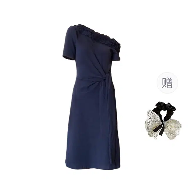 涂诗菲 韩系气质设计感斜肩立体木耳花边收腰绑带显瘦短袖连衣裙 女款