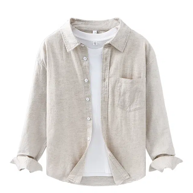 么宁 日系棉亚麻长袖衬衣经典款舒适透气宽松翻领外套纯色简约百搭休闲上衣个性帅气衬衫 男女同款