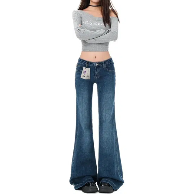 识恩 美式复古刺绣弯刀女秋季高腰宽松直筒阔腿拖地梧桐镰刀裤子牛仔裤 女款