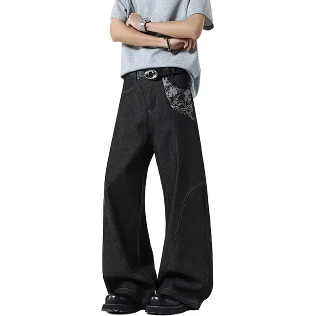 洞洞拐 蛇纹提花拼接微喇弯刀裤日系时尚潮流流行无品牌文艺牛仔裤 男女同款