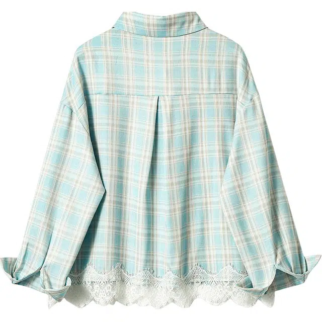 木清清 格子薄款蕾丝拼接宽松高级感通勤长袖衬衫 女款
