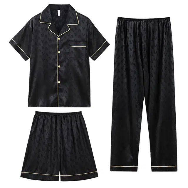 向薇 休闲舒适三件套短袖上衣冰丝凉感短裤可外穿家居服长裤睡衣套装 男款