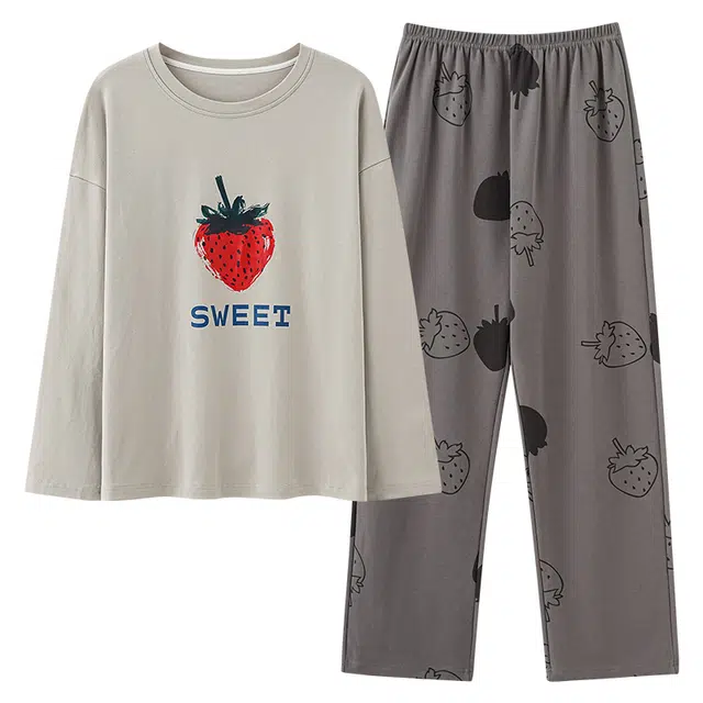 俏韵 圆领春秋季仿棉长袖简约印花休闲甜美可爱薄款舒适家居服可外穿睡衣套装 女款