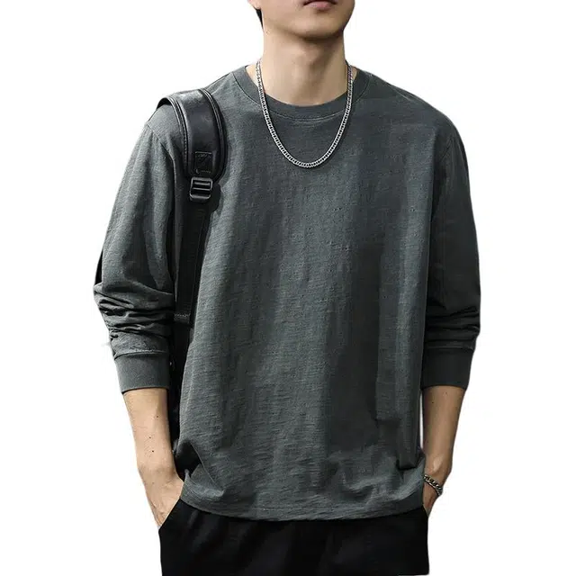 前进牛 秋冬美式休闲潮牌高端老钱风重磅竹节棉长袖潮流复古百搭纯棉宽松圆领打底衫卫衣 男女同款