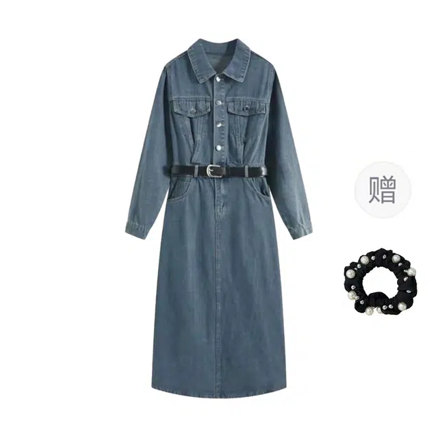 雾闪闪 大码女装牛仔后开叉气质收腰显瘦裙长袖连衣裙 女款