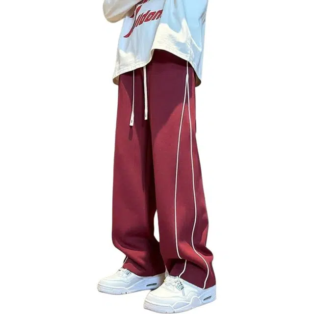 大格子与黑猫 卫裤超柔织带潮流直筒长裤加厚条纹宽松简约春秋季百搭美式休闲裤 男款