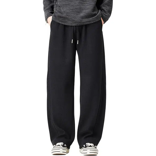 协协乐 棉羊毛卫裤拼接设计感秋冬季美式潮牌宽松阔腿拖地裤青少年百搭运动长裤休闲裤 男款