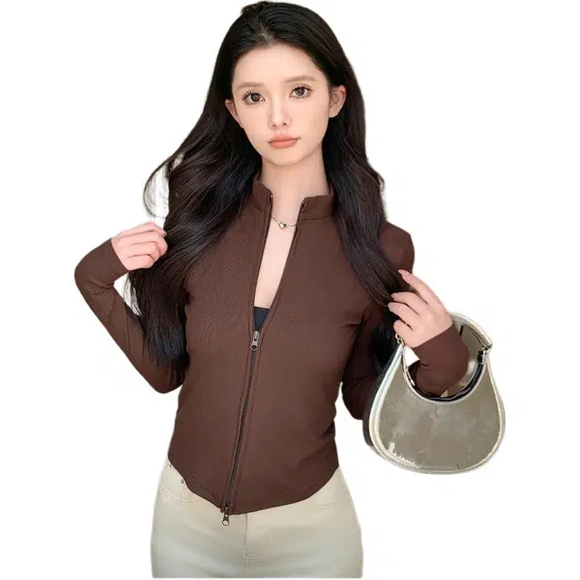 木清清 螺纹立领双拉链外套开衫修身百搭长袖上衣针织衫 女款