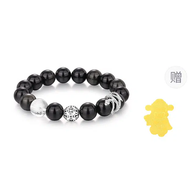 【甄选吸金珠】 金六福吉祥 新中式纳福平安招财转运银蛇大气百搭显贵平安必备#好运天然 黑曜石 手串 男女同款情侣款