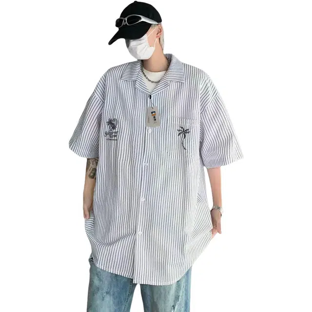 地界二 灰色条纹男街头痞帅潮流宽松百搭美式短袖休闲衬衣外套灰色条纹街头短袖潮衬衫 男款