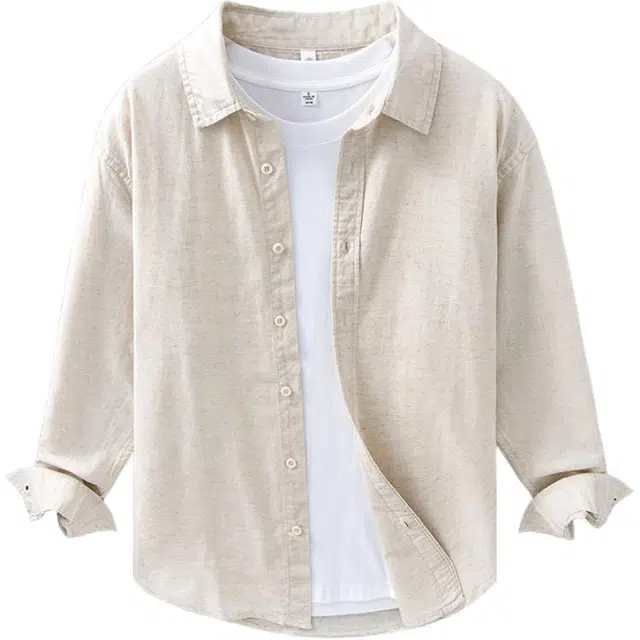 么宁 日系棉亚麻长袖衬衣舒适透气宽松翻领外套纯色简约百搭休闲上衣个性帅气衬衫 男女同款