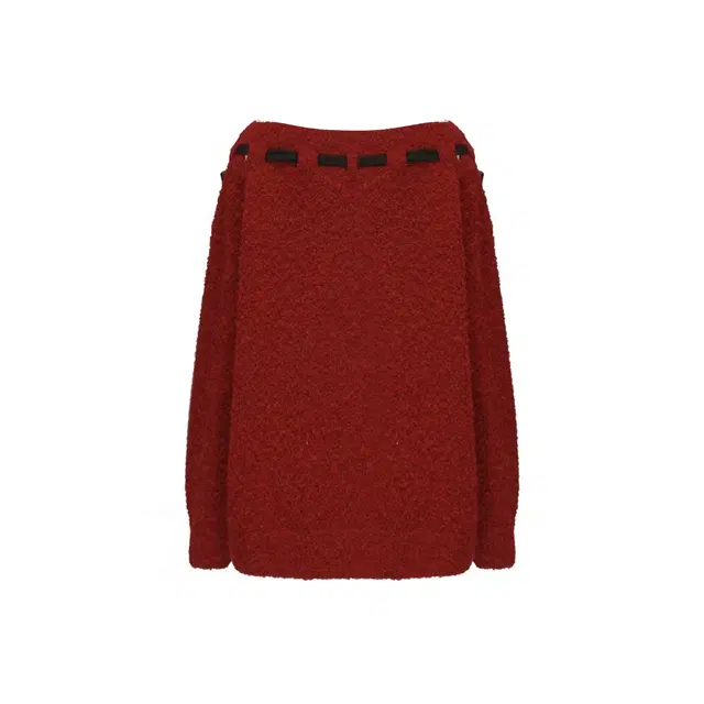 敲模女孩 纯欲风氛围感一字肩露肩飘带系带蝴蝶结宽松长袖针织衫 女款