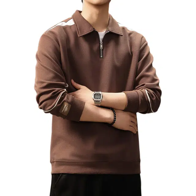 贵色 美式复古青少年学院风重磅半拉链长袖撞色拼接立体裁剪设计休闲翻领上衣宽松卫衣 男女同款