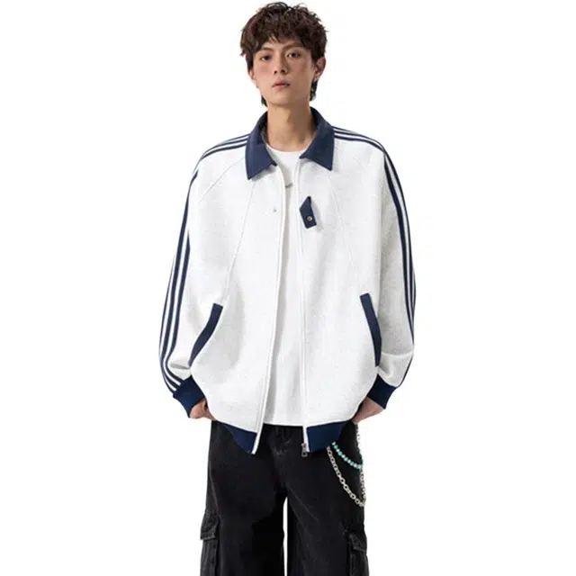 顶峰保罗 美式潮牌条纹拼接撞色休闲宽松大码棒球服外套无性别主义运动开衫卫衣情侣款翻领夹克 男女同款