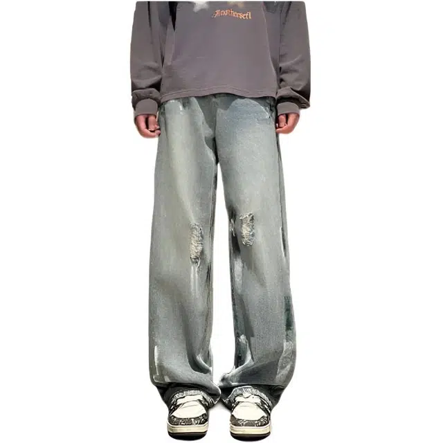 大格子与黑猫 高街街头风痞帅宽松直筒裤小众涂鸦牛仔裤 男款