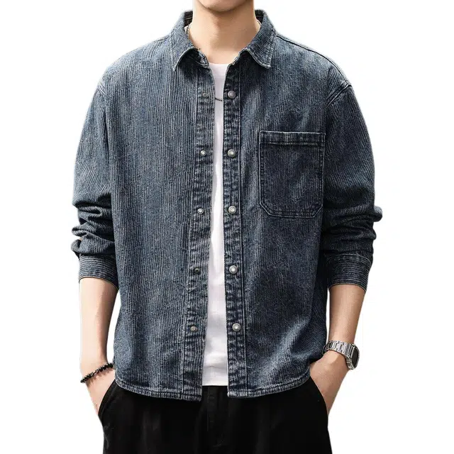 贵色 日系复古宽松贴袋设计长袖牛仔水洗做旧工装风潮牌高街痞帅休闲衬衫 男女同款