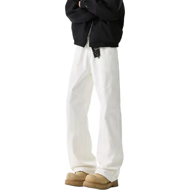 零氏 美式复古水洗高街潮流拼接设计感简约纯色基础款宽松百搭休闲时尚直筒阔腿牛仔裤 男女同款