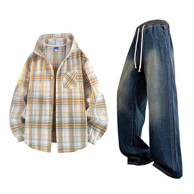 【免搭配一套】布客行 连帽开衫格子学院风高街单排扣休闲宽松衬衣外套美式复古直筒抽绳松紧腰微喇基础款柔软牛仔裤衬衫套装 男女同款