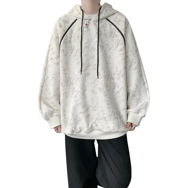 北极绒 扎染连帽春秋季痞帅重磅外套设计感宽松百搭上衣扎染连帽春秋季插肩袖潮套头卫衣 男款
