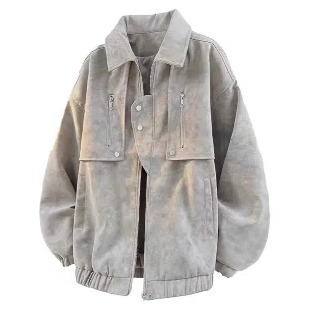 爱肯 美式复古高街小众解构设计感水洗飞行员拼接拉链翻领重磅日常通勤百搭休闲宽松时尚潮流街头痞帅夹克外套 男女同款