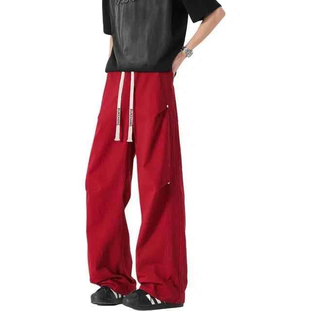 【纯棉质感遮肉显瘦】布客行 阔腿大码卫裤美式高街柔和亲肤铆钉褶皱设计感户外机能风长裤子直筒中腰抽绳伞兵裤纯色百搭休闲裤 男女同款