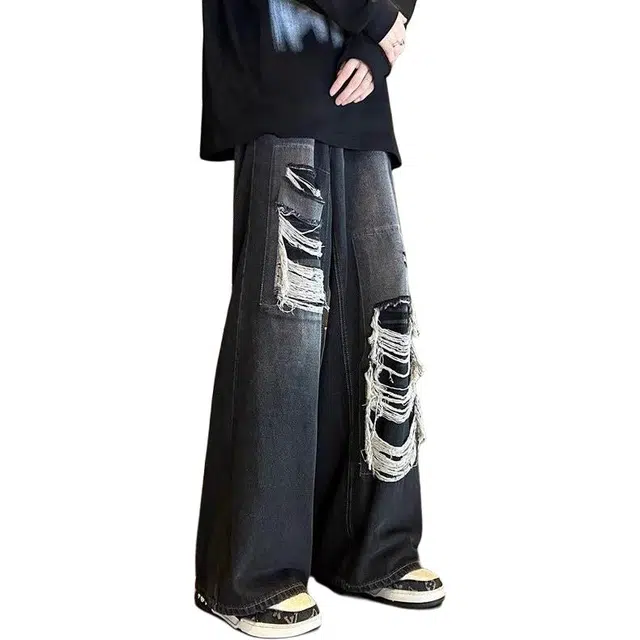 大格子与黑猫 拖地破洞秋季高街复古高腰垂感阔腿裤子牛仔裤 男款