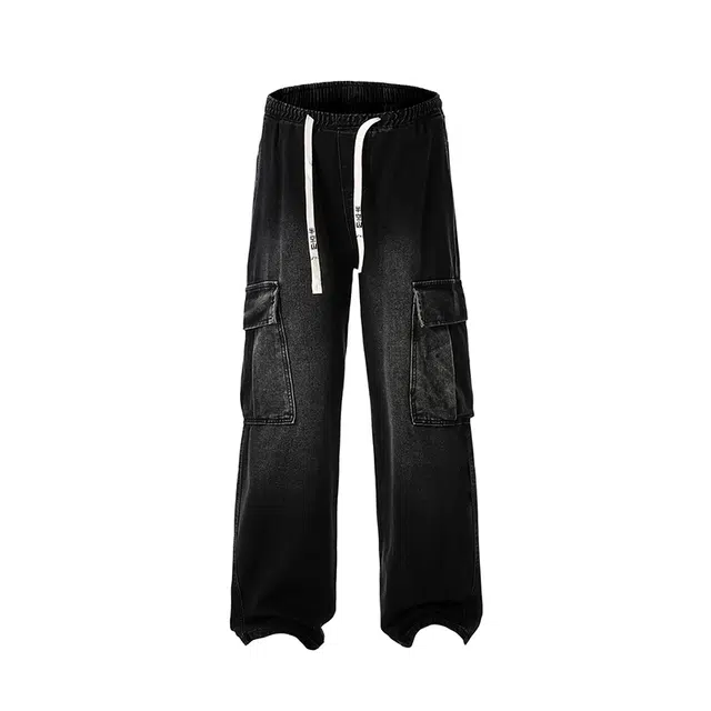 半空山 美式复古高街水洗做旧工装大口袋松紧腰宽松阔腿百搭直筒潮流休闲牛仔裤 男女同款