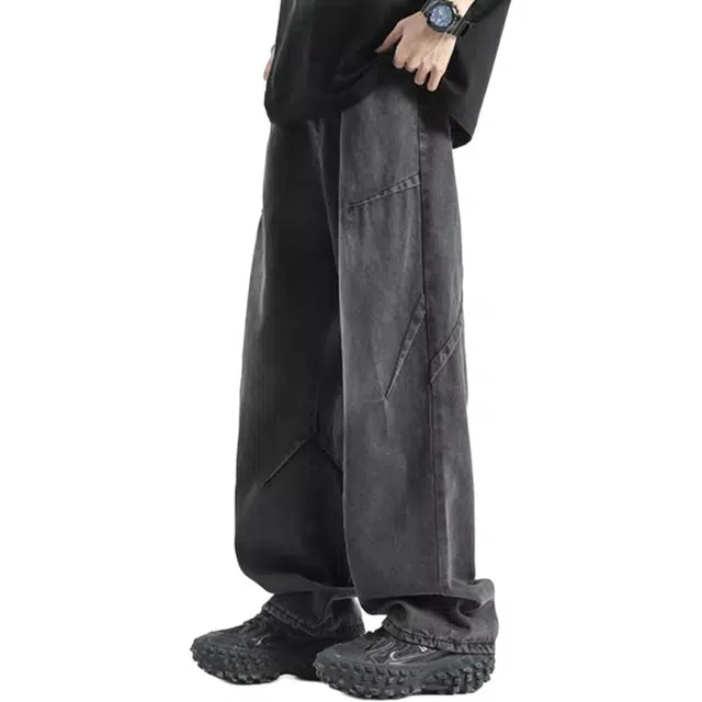 宝米卡 潮牌美式直筒休闲水洗复古宽松褶皱阔腿长裤子春秋款牛仔裤 男女同款