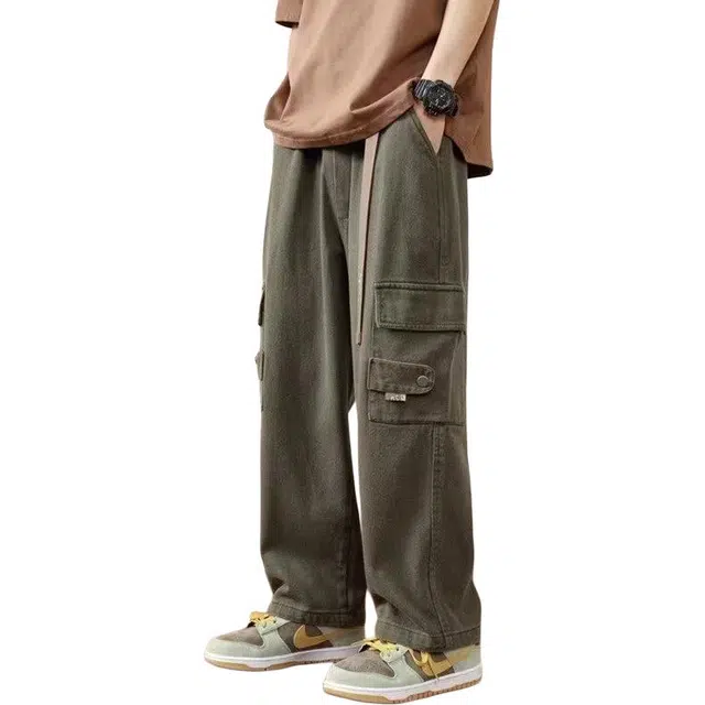 大格子与黑猫 直筒工装裤男款春秋季大码潮牌宽松美式复古潮流伞兵阔腿裤子休闲裤 男款