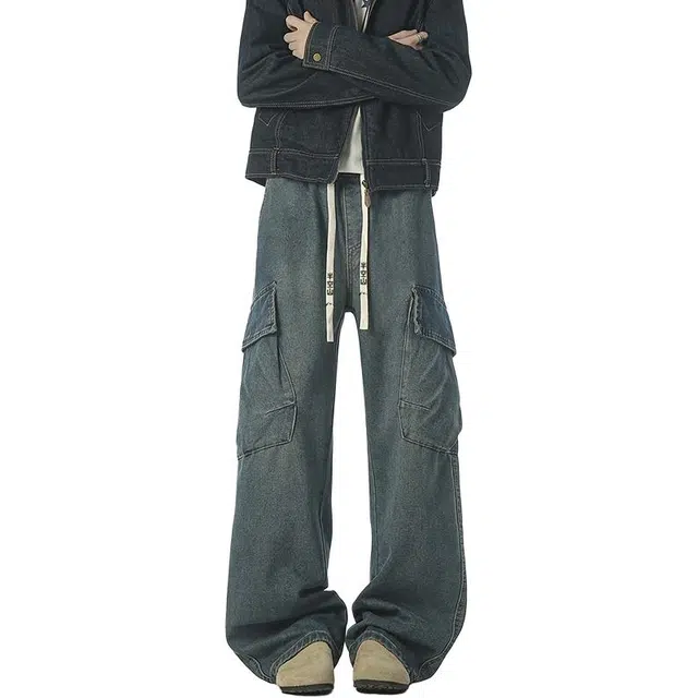 半空山 美式复古高街水洗做旧磨白工装大口袋宽松拖地阔腿弯刀百搭柔软舒适直筒牛仔裤 男女同款