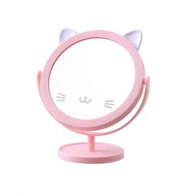 格安诺少女心化妆镜卡通猫咪表情美妆镜桌面学生可旋转补妆收纳可爱美妆镜 立式镜