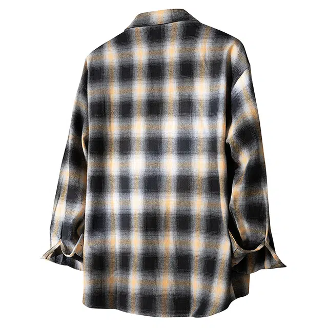 布客行 免搭配一套学院风高街渐变格子单排扣美式复古休闲宽松条纹多彩衬衣外套直筒抽绳松紧腰微喇基础柔软牛仔裤衬衫套装 男女同款