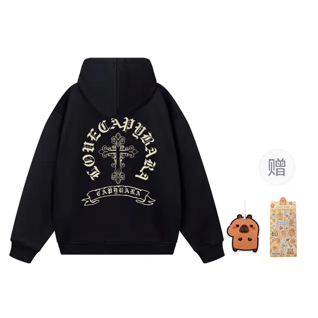 卡皮巴拉小黄豚 潮牌美式高街十字架印花重磅连帽外套双拉链设计运动通勤宽松休闲百搭舒适学院风简约学生经典情侣款卫衣 男女同款
