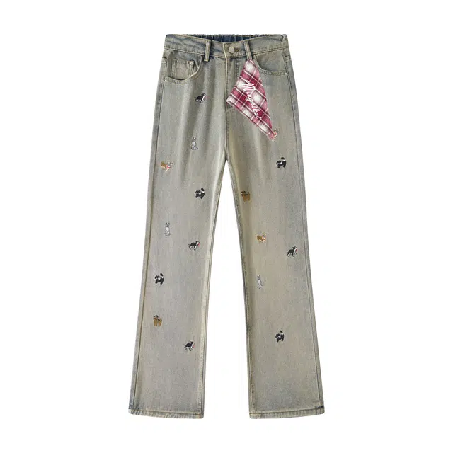 明尼凯 美式复古高街水洗做旧简约个性趣味卡通可爱小狗万针植绒刺绣工艺小众高级设计休闲宽松垂感百搭日常通勤直筒微喇牛仔裤 男女同款