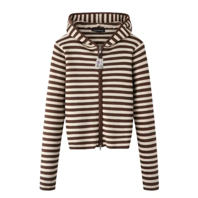 识恩 美式明星同款条纹拉链连帽修身上衣针织衫 女款