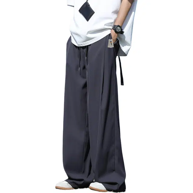 地界二 日系复古垂感男夏季薄款宽松直筒西裤百搭纯色阔腿拖地长裤复古夏季薄款纯色青春活力风松紧腰长裤休闲裤 男款