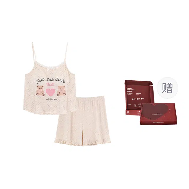 顶瓜瓜 夏季女简约小熊印花休闲舒适吊带家居服睡衣礼盒 女款