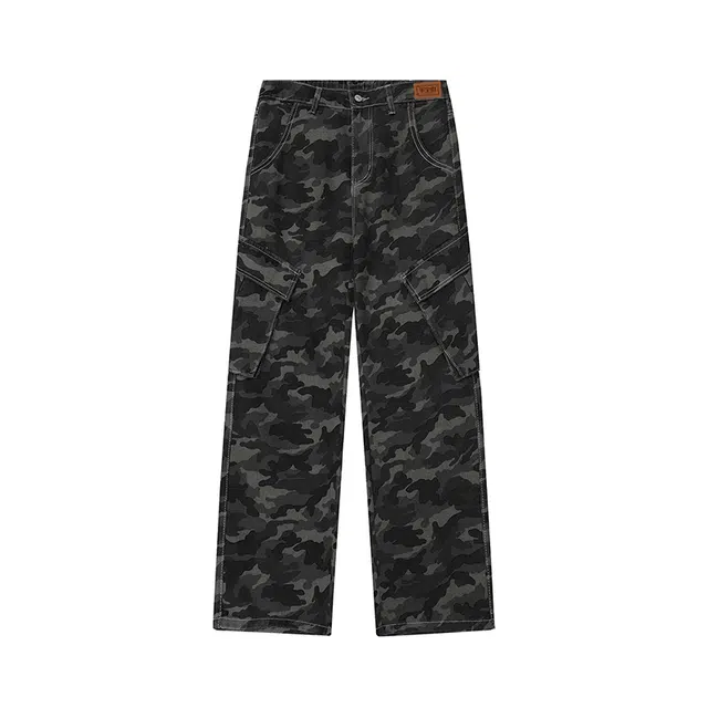 半空山 美式高街大口袋设计宽松百搭阔腿潮流休闲直筒工装迷彩牛仔裤 男女同款