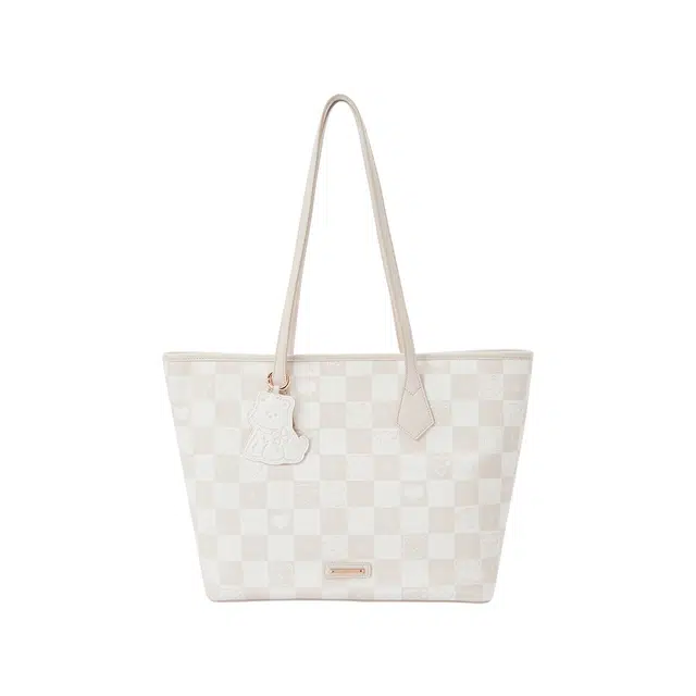 森马 撞色棋盘格小狗印花通勤百搭 合成革 托特包手提单肩包 常规 女款 米白/胡桃棕/梦幻粉