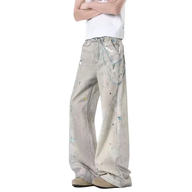 一碗士多 印花泼墨蕾丝珍珠设计感高级韩系松弛感脏染水洗做旧慵懒风穿搭海滩度假风日常百搭拖地旅游牛仔裤 男女同款