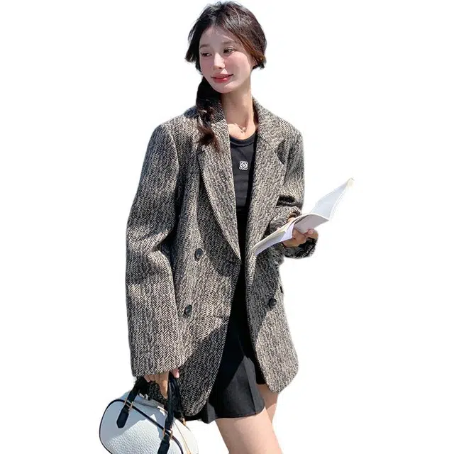 稻草人 韩系时尚人字纹设计毛呢绒感外套 女款