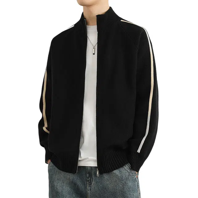 冈哉 条纹织带拼接纯色简约基础款立领开衫美式潮流日常通勤百搭休闲舒适高级感帅气宽松针织衫 男女同款