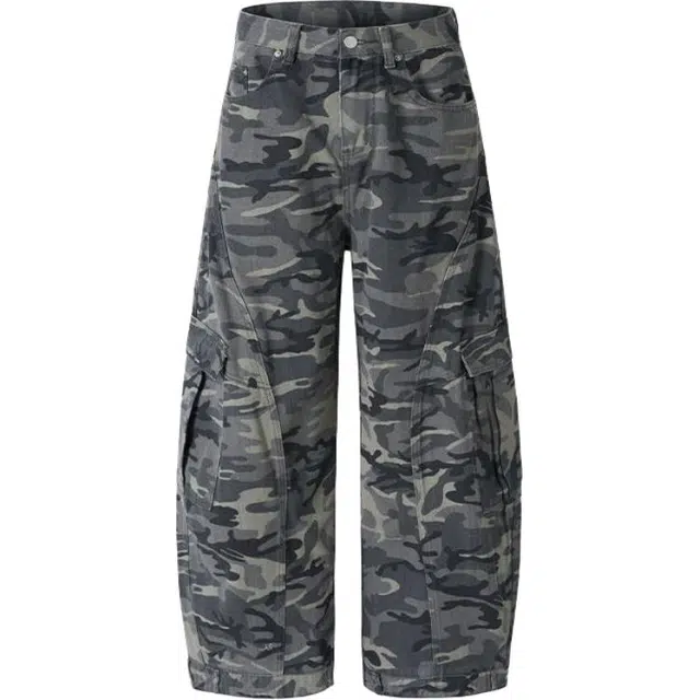 潮人榜 美式复古辣妹迷彩弯刀工装裤潮牌休闲个性嘻哈香蕉裤牛仔裤 男款