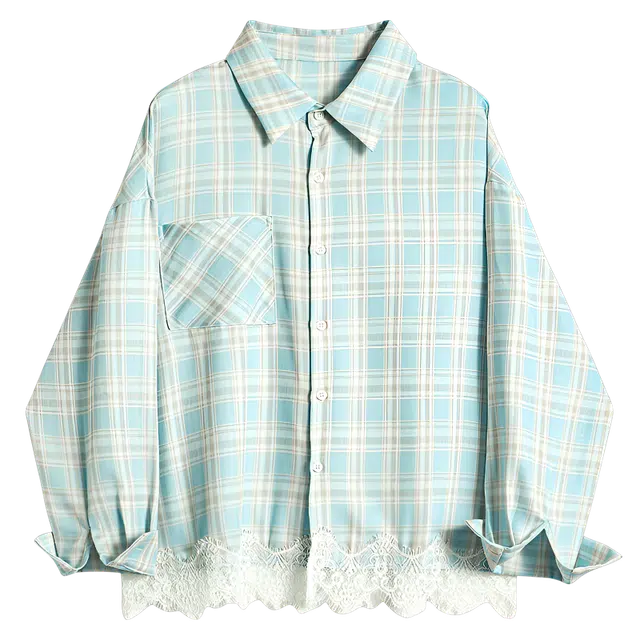 木清清 格子薄款蕾丝拼接宽松高级感通勤长袖衬衫 女款