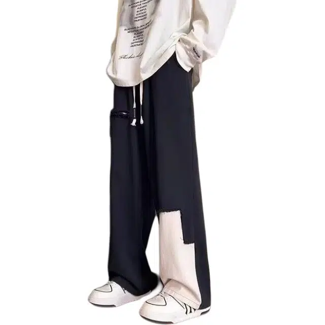 大格子与黑猫 春秋拼接美式高街宽松裤子撞色潮牌痞帅直筒工装裤长裤休闲裤 男款