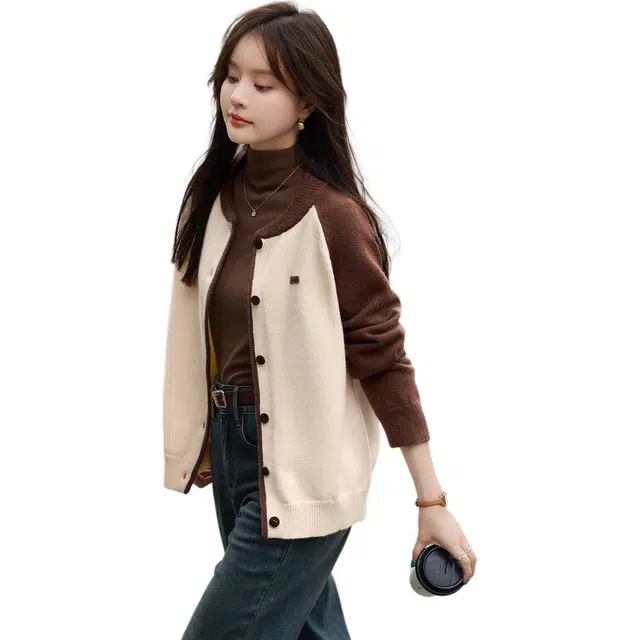 沫晗依美 开衫学院风撞色拼接拼色插肩袖长袖圆领常规针织衫 女款